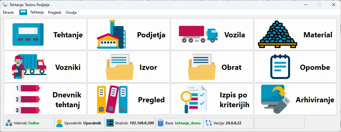 Glavno okno programa mTehtnica z moduli